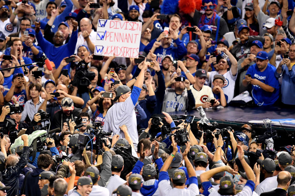 CLEVELAND, OH - NOVEMBER 02:  David Ross #3 of the Chicago Cubs celebrates after defeating the Cleveland Indians 8-7 in Game Seven of the 2016 World Series at Progressive Field on November 2, 2016 in Cleveland, Ohio. The Cubs win their first World Series in 108 years.  (Photo by Jason Miller/Getty Images)