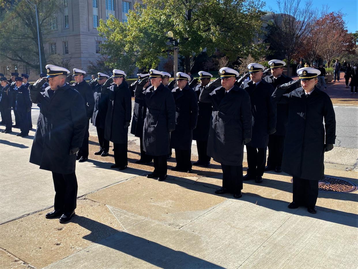 University of Missouri ROTC cadets on Friday stand at attention during a Veterans Day ceremony at Memorial Union.