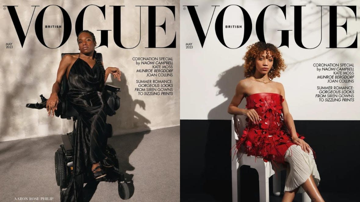 (L-R) Model Aaron Rose Phillip and ASL performer Justina Miles cover British Vogue’s May issue.