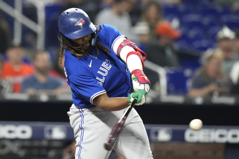 Toronto Blue Jays' Vladimir Guerrero Jr. grounds into a double play during the fourth inning of a baseball game against the Miami Marlins, Monday, June 19, 2023, in Miami. (AP Photo/Lynne Sladky)