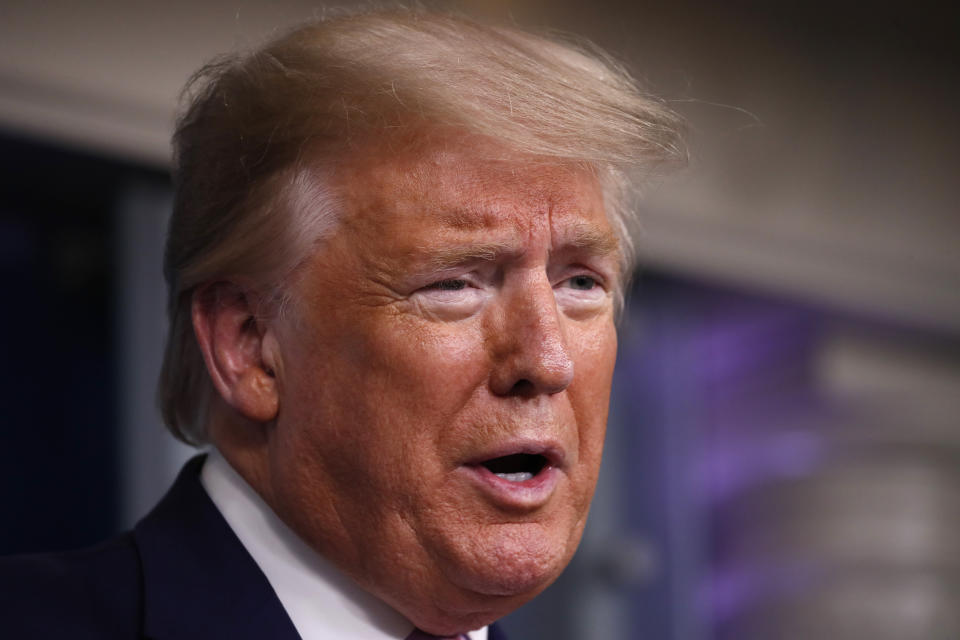 President Donald Trump speaks about the coronavirus in the James Brady Press Briefing Room of the White House, Wednesday, April 1, 2020, in Washington. (AP Photo/Alex Brandon)