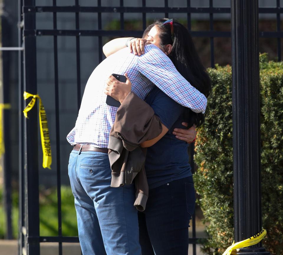 The scene of a shooting in downtown Louisville on Monday, April, 10, 2023. Louisville Metro Police said that five people were killed and six were injured, including an officer.