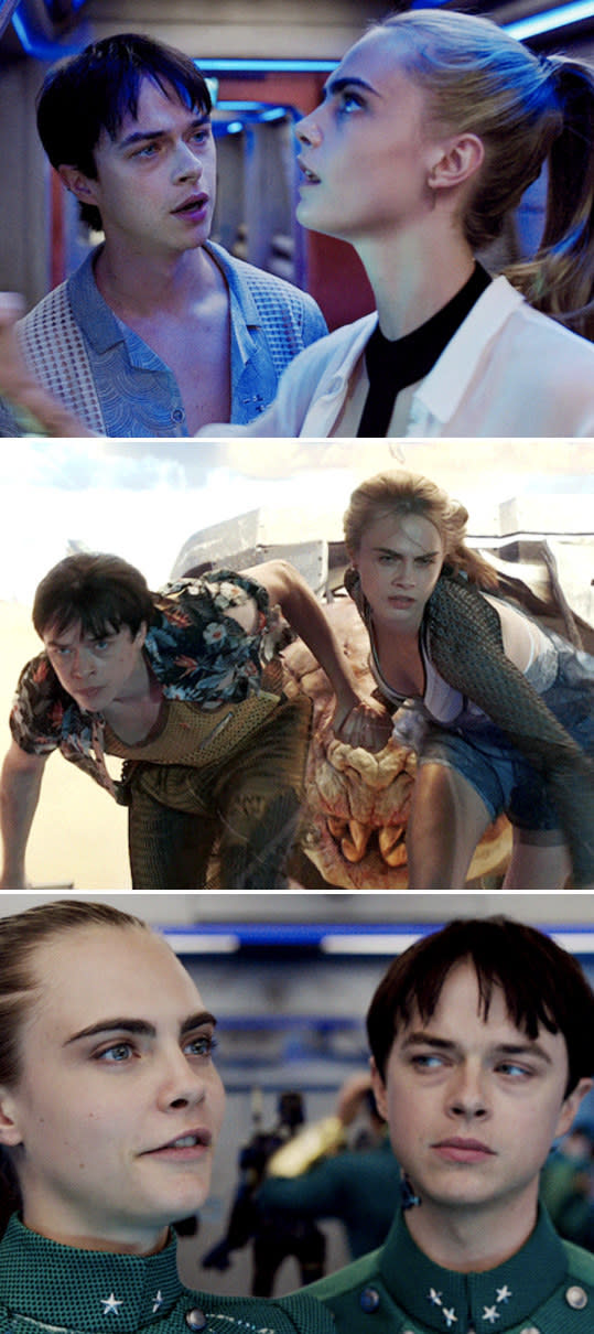 Three stills of Delevingne and DeHaan in "Valerian and the City of a Thousand Planets"