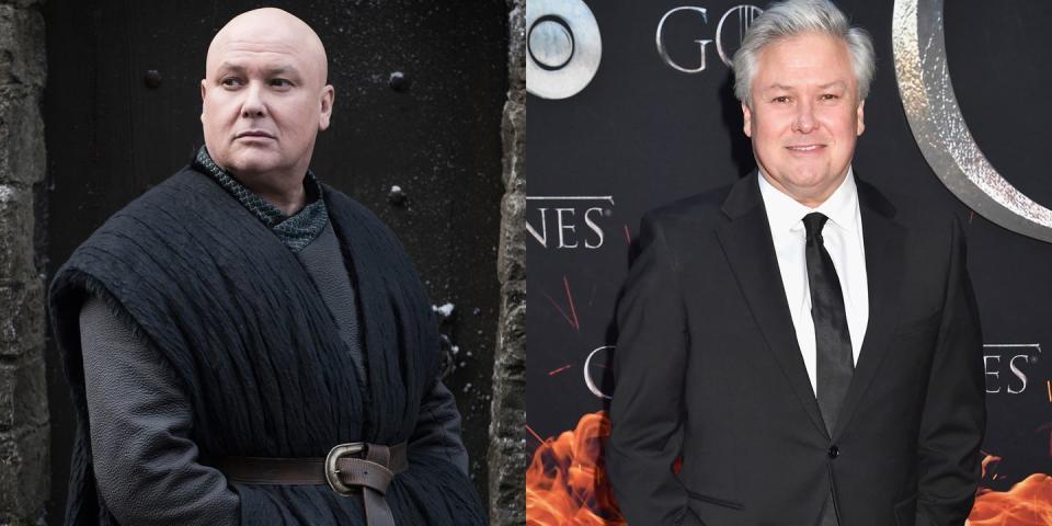 <p>From left: Hill as Lord Varys in Season 8; Hill at the <em>GoT</em> Season 8 premiere on April 3, 2019. </p>