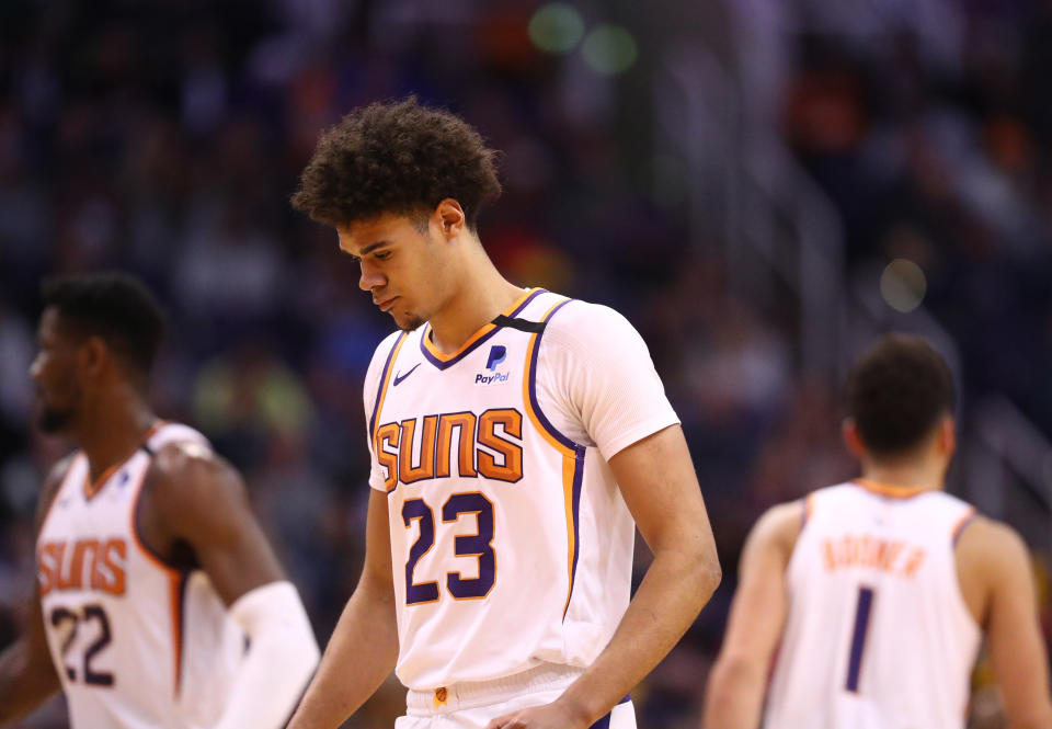 Feb 26, 2020; Phoenix, Arizona, USA; Phoenix Suns forward Cameron Johnson against the Los Angeles Clippers at Talking Stick Resort Arena. Mandatory Credit: Mark J. Rebilas-USA TODAY Sports