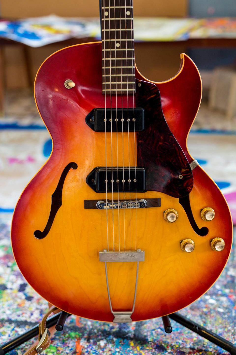 A guitar sits in Jason Newsted's studio in Jupiter in November 2017.