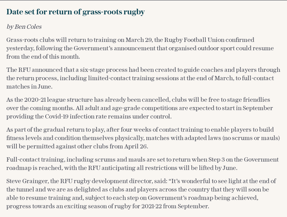 Date set for return of grassroots rugby