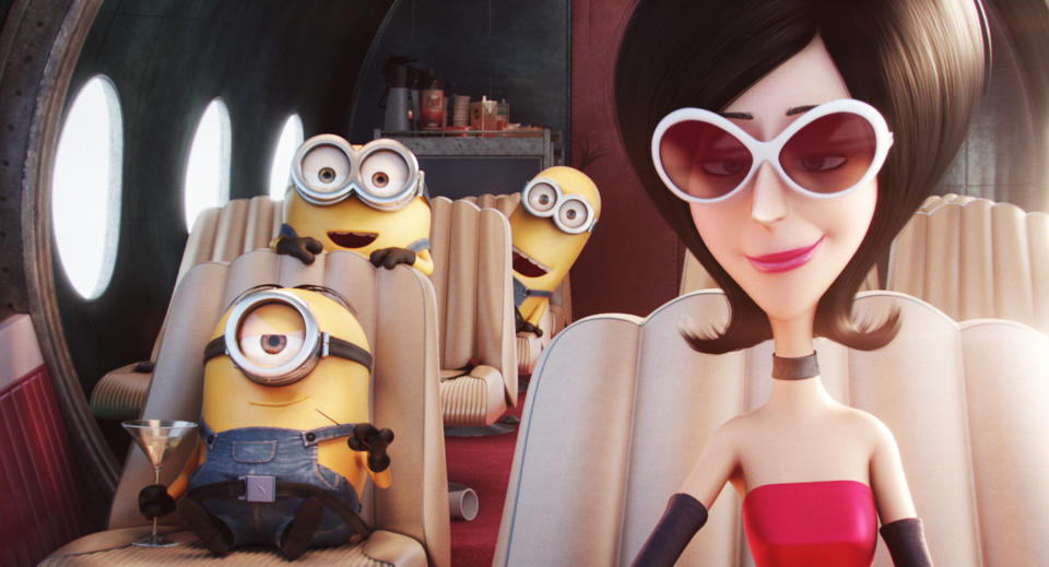 MINIONS, from left: Stuart, Bob, Kevin, Scarlett Overkill (voice: Sandra Bullock), 2015. /©Universal Pictures/Courtesy Everett Collection