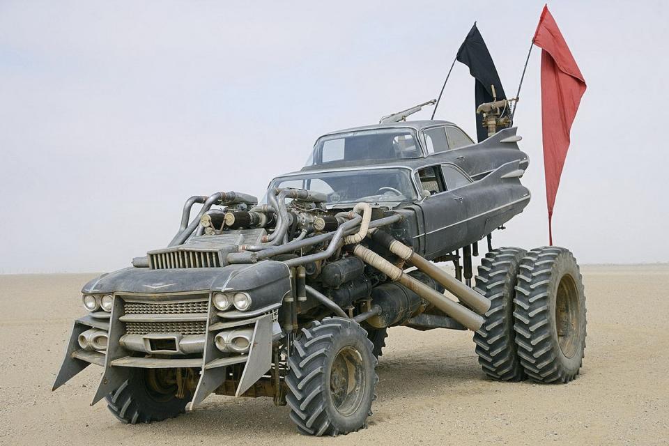 <p>Rabid Mad Max fans eagerly awaited the return of the franchise when <em>Mad Max: Fury Road</em> was announced for a 2015 launch, three decades after the last installment. But few expected the movie to be packed with so many wild and innovative vehicles. It could certainly be argued that this latest movie had more interesting cars and trucks than any Mad Max before it. Perhaps the wildest of them all is the Gigahorse. </p><p>This beast looks like it should exist entirely in CG. But no, this is a real thing. Double '59 Cadillac bodies ride atop a massive truck chassis powered by twin Chevy big block V-8s that have both been supercharged. All that power turns massive tractor tires that give this monster the stance of a Funny Car dragster from the 1970s—on stilts.</p><p>Though the Gigahorse doesn't really do too much in terms of typical movie-car stunts, it's so cool to look at that it's captivating to watch the thing just driving straight through the desert. The most memorable scene with the 'horse is in the long final chase of the movie, as the convoy enters a tight canyon, Max (Tom Hardy), Imperator Furiosa (Charlize Theron), and their crew finally kill Immortan Joe, the bad guy driving the Gigahorse. </p><p><a class="link " href="https://www.amazon.com/gp/video/detail/0TZUGU34M6ERS1P05O1NRT8H5O/?tag=syn-yahoo-20&ascsubtag=%5Bartid%7C10048.g.27634406%5Bsrc%7Cyahoo-us" rel="nofollow noopener" target="_blank" data-ylk="slk:AMAZON;elm:context_link;itc:0;sec:content-canvas">AMAZON</a></p>