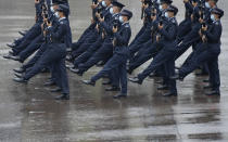 Hong Kong police show their new goose step marching style on the National Security Education Day at a police school in Hong Kong Thursday, April 15, 2021. Authorities marked the event with a police college open house, where police personnel demonstrated the Chinese military’s goose step march, replacing British-style foot drills from the time Hong Kong was ruled by the U.K. until the 1997 handover to China. (AP Photo/Vincent Yu)