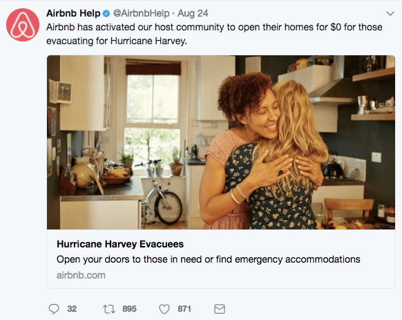 Airbnb provides accommodations for Hurricane Harvey evacuees.