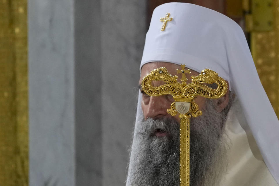 Serbian Orthodox Church Patriarch Porfirije performs during the prayer service for the All-Serbian Assembly in the St. Sava Serbian Orthodox temple in Belgrade, Serbia, Saturday, June 8, 2024. The All-Serbian Assembly carries the main message that Serbs, wherever they live, are one people, that they strive for the same goals. (AP Photo/Darko Vojinovic)