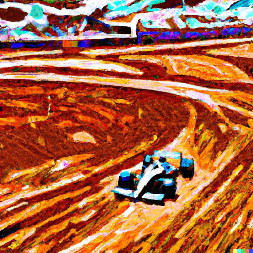 DALL·E AI-generated image of van Gogh style painting of Formula 1 car driving on Mars