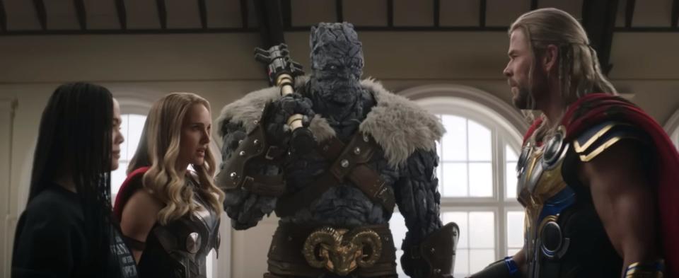 Valkyrie, Jane, Korg, and Thor in "Thor: Love and Thunder."