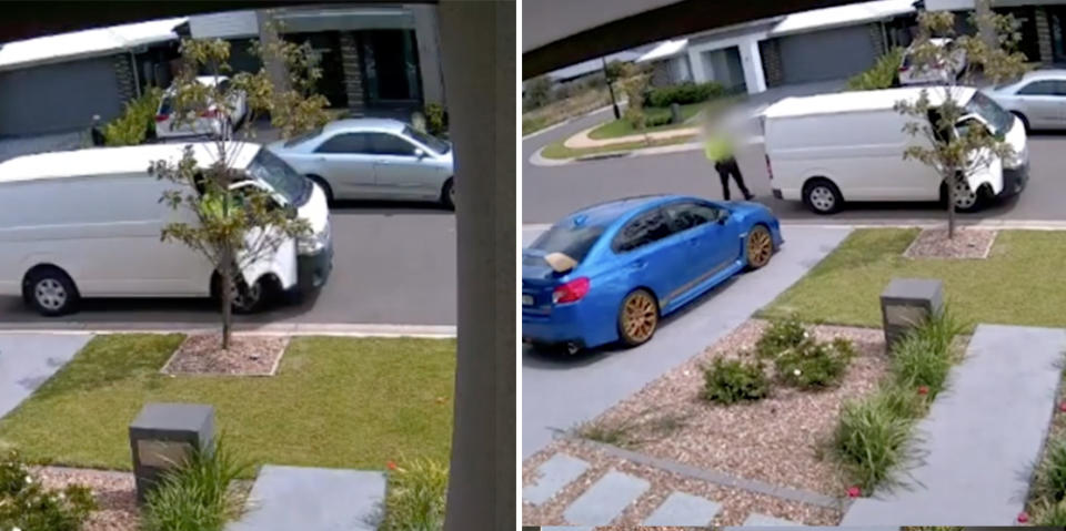 Two screenshots from video: on left, a white van with a man in high-vis getting out of the drivers side and on the left: a man in a white van opening the back door