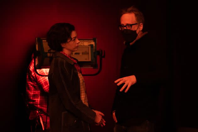 Anne Hathaway and director James Gray on the set of 