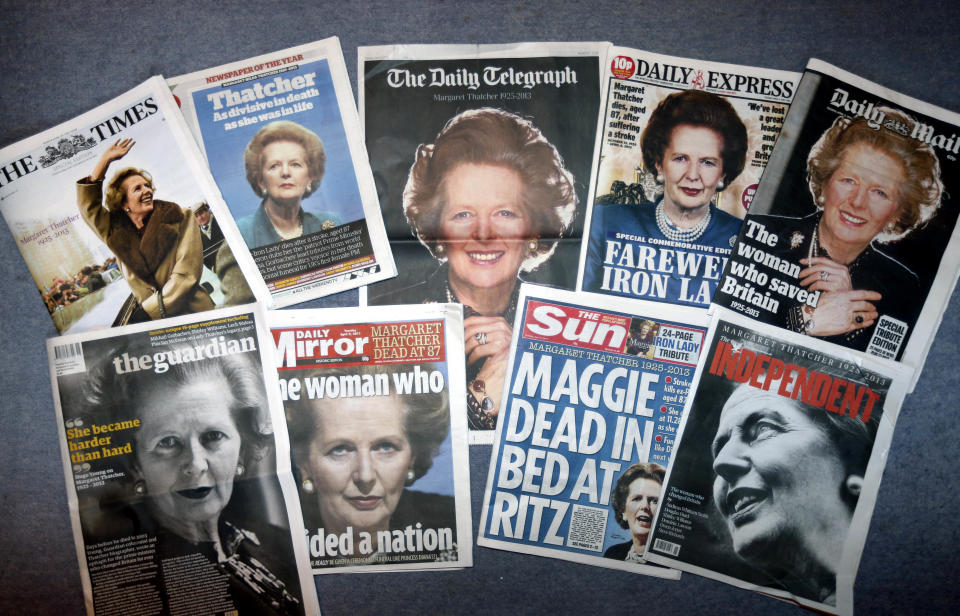 British daily newspapers featuring front-page coverage of former British Prime Minister Margaret Thatcher's death, are seen in London, Tuesday, April 9, 2013. Thatcher, the combative "Iron Lady" who infuriated European allies, found a fellow believer in former U.S. President Ronald Reagan and transformed her country by a ruthless dedication to free markets in 11 bruising years as prime minister, died Monday, April 8, 2013. She was 87 years old. (AP Photo)