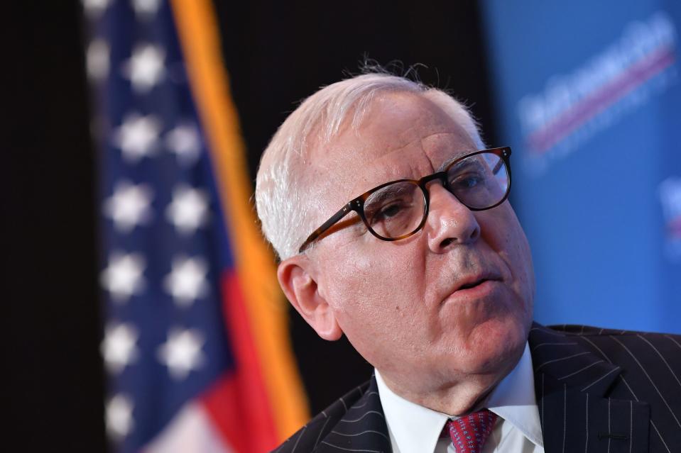 Washington Economic Club President David Rubenstein hosts a discussion on technology and telecommunications with AT&T Chairman and CEO Randall Stephenson in Washington, DC on March 20, 2019. (Photo by MANDEL NGAN / AFP)        (Photo credit should read MANDEL NGAN/AFP via Getty Images)