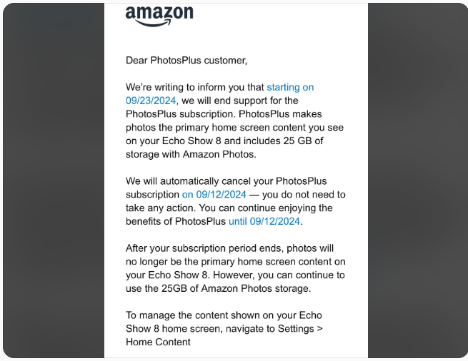 Les clients Amazon possédant l'Echo Show 8 ont reçu un e-mail indiquant que leur abonnement PhotosPlus prendra fin en septembre.