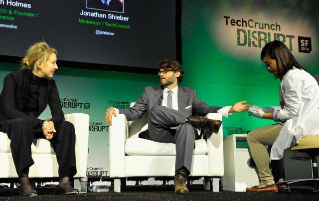 Elizabeth Holmes with moderator and TechCrunch writer Jonathan Shieber at TechCrunch Disrupt (Steve Jennings / Getty Images for TechCrunch)