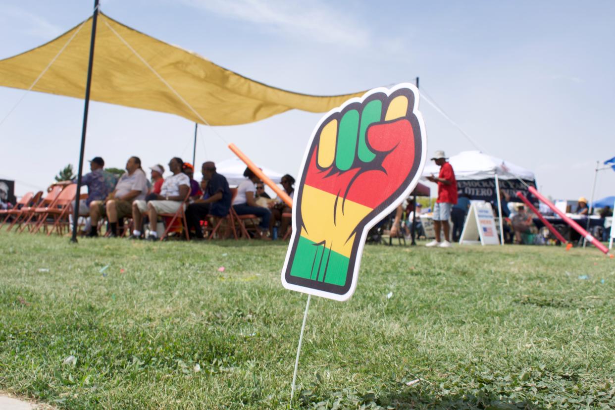 Juneteenth ground poster at Washington Park in Alamogordo, New Mexico on Saturday, June 17