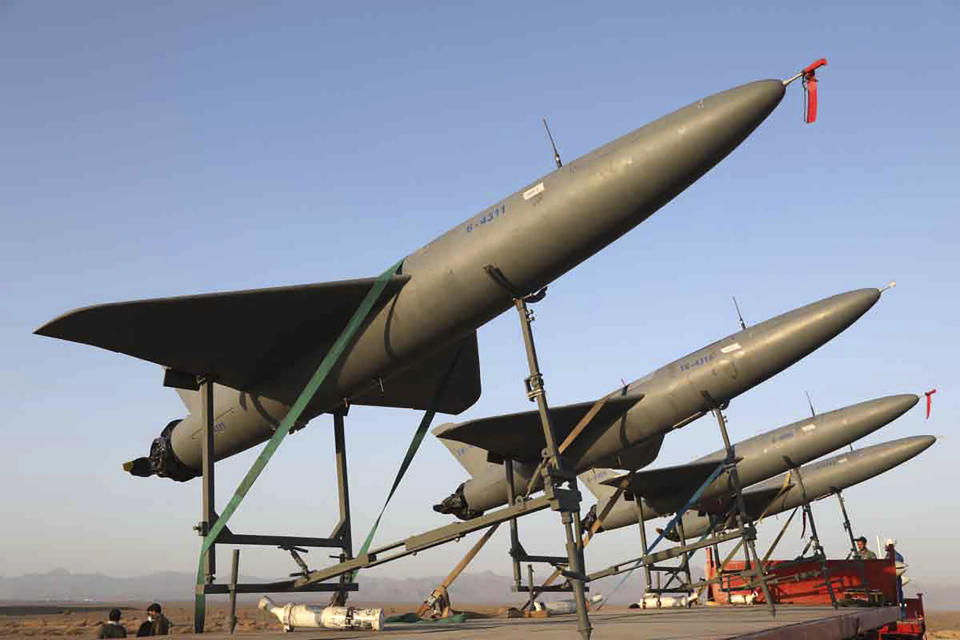 FILE - In this photo released by Iranian Army on Aug. 24, 2022, drones are prepared for launch during a military drone drill in Iran. The Iranian-made drones that Russia sent slamming into central Kyiv this week have produced hand-wringing and consternation in Israel, complicating the country’s balancing act between Russia and the West. (Iranian Army via AP)