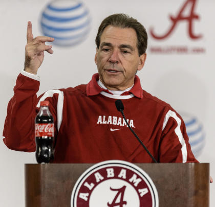 Alabama football coach Nick Saban talks with the media. (AP)