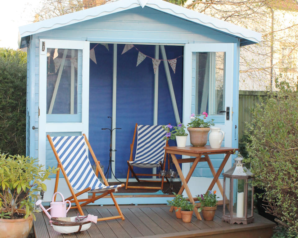 12. Create a beach house shed with blue and white