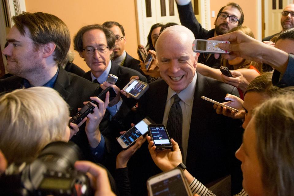 <p>McCain is swarmed by reporters as he leaves a meeting on Capitol Hill on July 13, 2017. </p>
