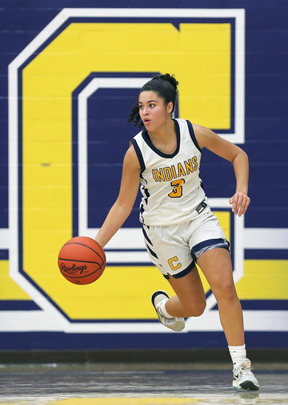 Copley guard Izzy Callaway takes the ball up the court during the first half against Aurora on Jan. 10, 2024, in Copley.