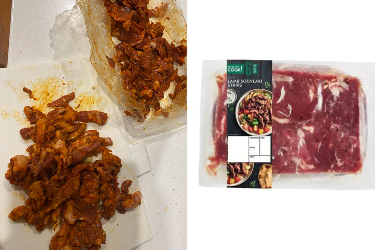 The fatty meat a shopper found (left) and the meat in it's pack (right).