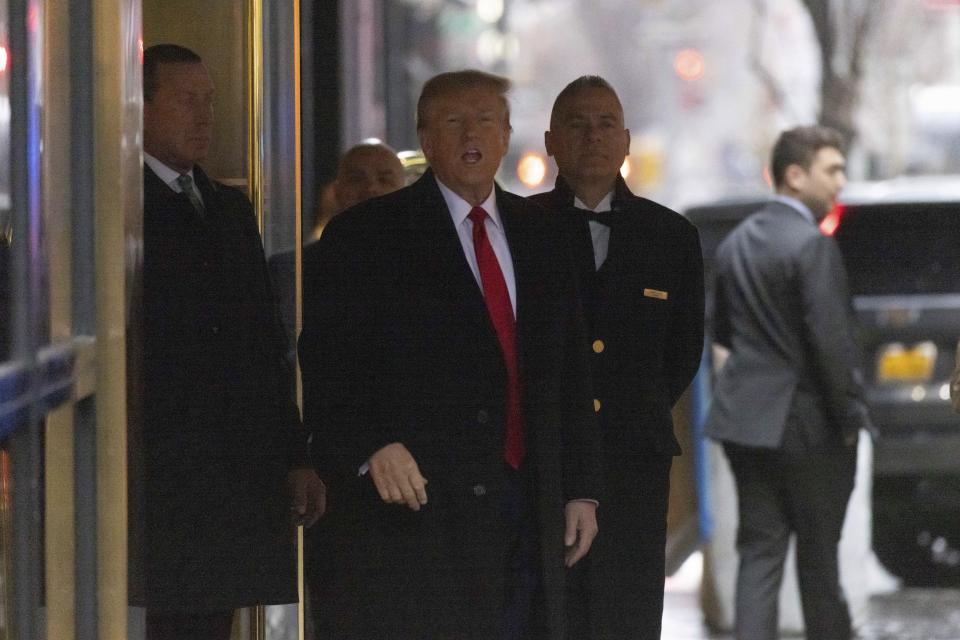 Former President Donald Trump leaves his apartment building, Friday, Jan 26, 2024, in New York. Closing arguments are to begin Friday in the defamation case against Trump a day after the former president left a New York courtroom fuming that he hadn't been given an opportunity to refute E. Jean Carroll's sexual abuse accusations. (AP Photo/Yuki Iwamura)