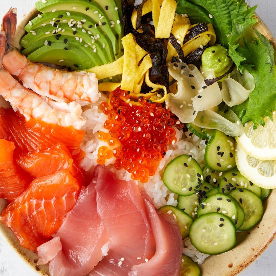 chirashi bowls with salmon, tuna and shrimp