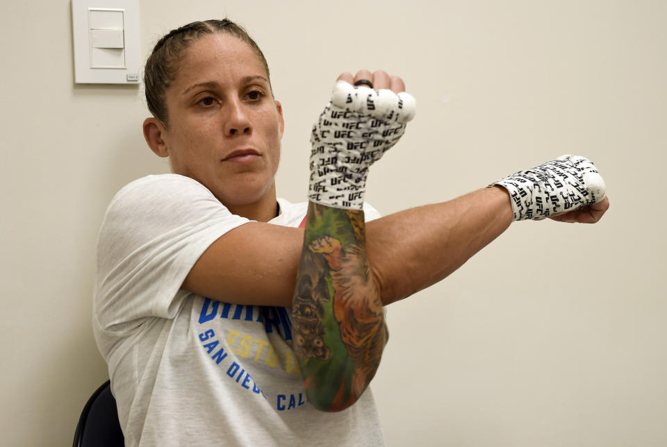 MONTEVIDEO, URUGUAY - AUGUST 10:  Liz Carmouche warms up prior to her bout during the UFC Fight Night event at Antel Arena on August 10, 2019 in Montevideo, Uruguay. (Photo by Mike Roach/Zuffa LLC/Zuffa LLC)