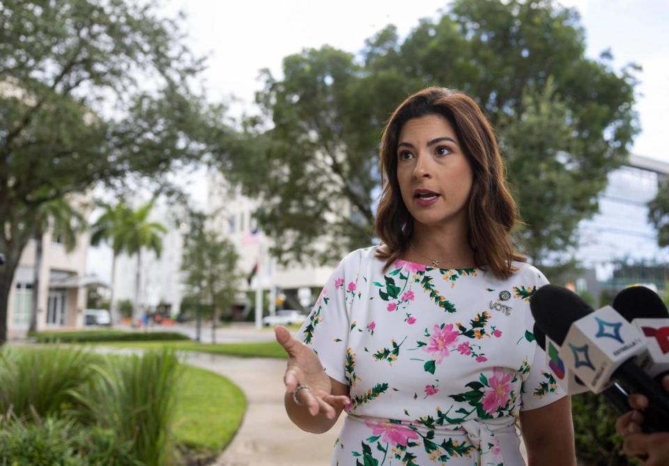 Doral Mayor Christi Fraga held a press conference at Downtown Doral Park, responding to allegations from candidate Irina Vilarino for City Council Seat 3, who had previously accused Fraga of political persecution in Doral, Florida, on Wednesday, August 28, 2024.