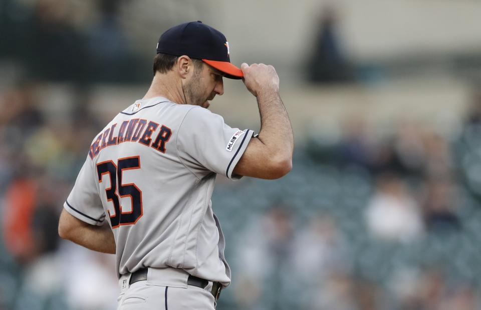 Houston Astros starting pitcher Justin Verlander walks on the mound after giving up a solo home run to Detroit Tigers' JaCoby Jones during the third inning of a baseball game, Wednesday, May 15, 2019, in Detroit. (AP Photo/Carlos Osorio)
