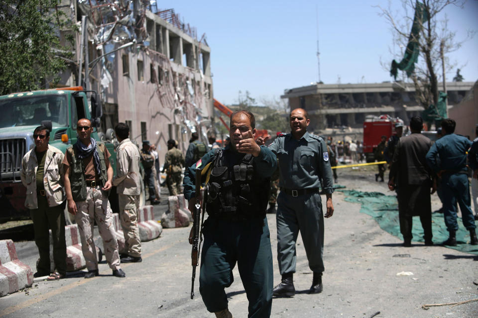 <p>Security forces inspect near the site of a suicide attack where the German Embassy is located in Kabul, Afghanistan, Wednesday, May 31, 2017. (AP Photos/Rahmat Gul) </p>