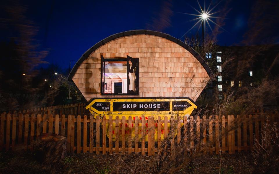 A view of the tiny home at night