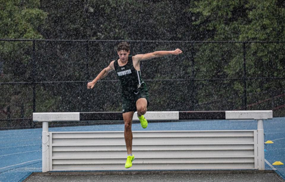 Pat Ford of Brewster won the boys Class B steeplechase during the Section 1 steeplechase championships at Hendrick Hudson High School May 24, 2023.