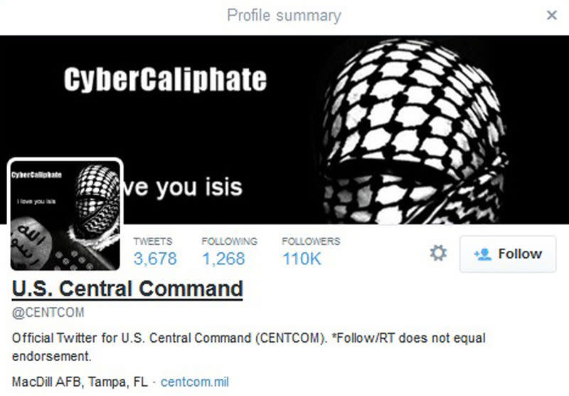 A computer screenshot shows the U.S. Central Command Twitter feed after it was apparently hacked by people claiming to be Islamic State sympathizers January 12, 2015. REUTERS/Staff