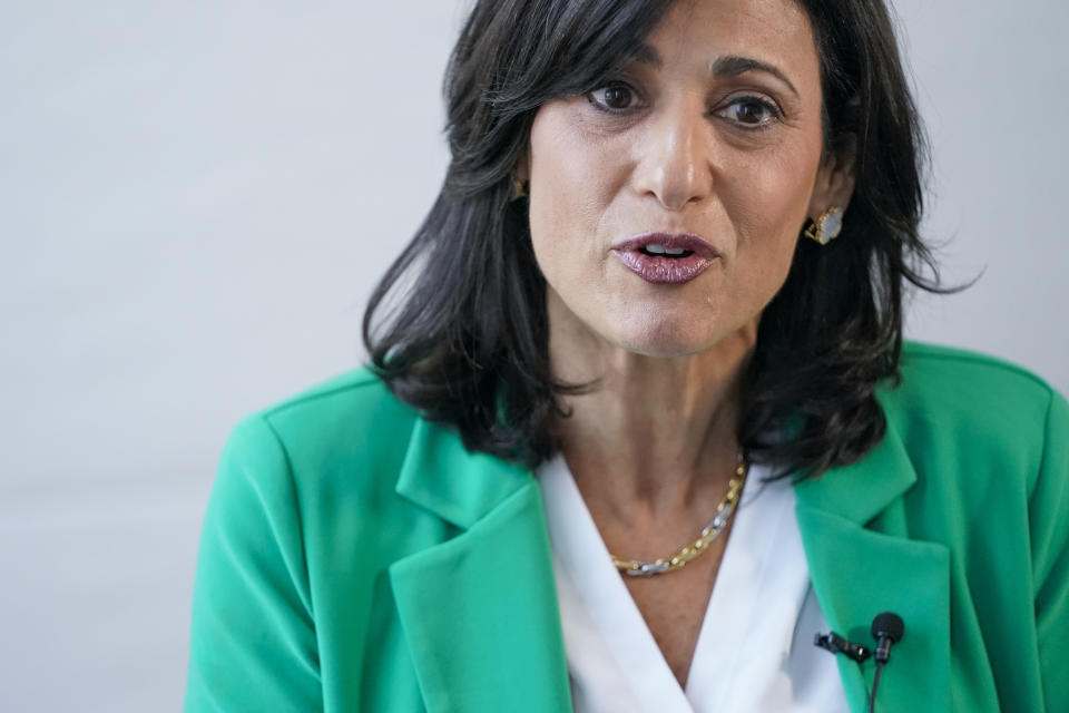 Dr. Rochelle Walensky, director of the Centers for Disease Control and Prevention, speaks during an interview with The Associated Press, Tuesday, June 20, 2023, in New York. (AP Photo/Mary Altaffer)