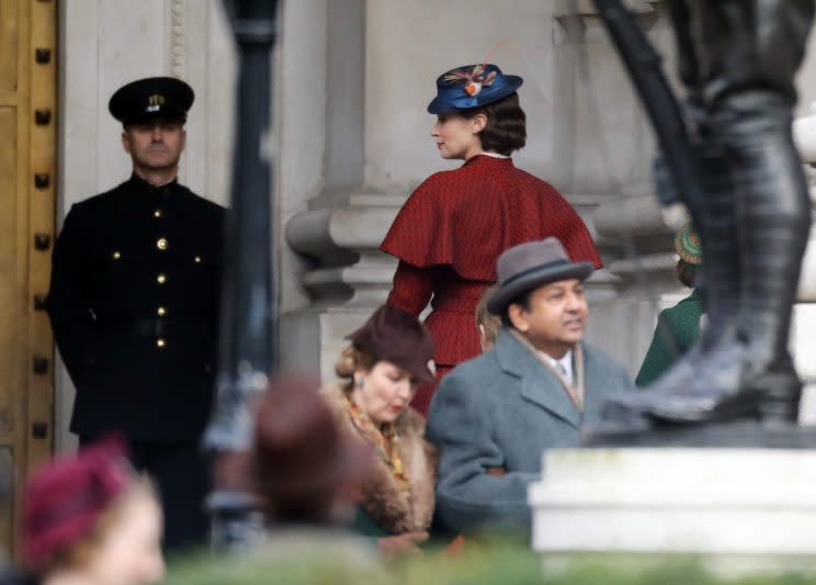 Blunt… snapped on the set of Mary Poppins Returns – Credit: FameFlyet