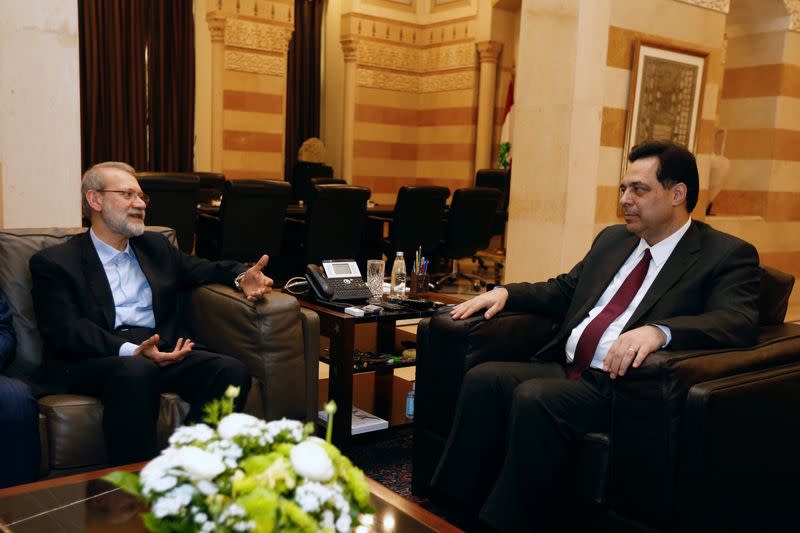 Lebanese Prime Minister Hassan Diab meets with Iranian parliament speaker Ali Larijani in Beirut