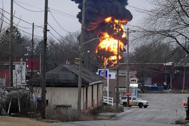 PHOTO: FILE - A black plume and fireball rise over East Palestine, Ohio, as a result of a controlled detonation of a portion of the derailed Norfolk and Southern trains Monday, Feb. 6, 2023. (Gene J. Puskar/AP, FILE)