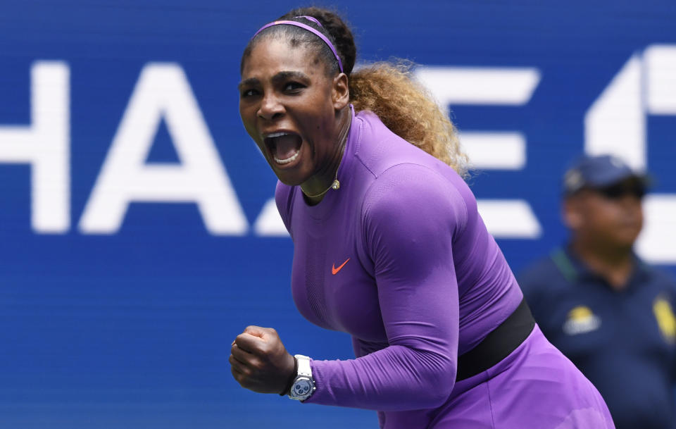 Serena Williams, of the United States, reacts during her match against Petra Martic, of Croatia, during round four of the US Open tennis championships Sunday, Sept. 1, 2019, in New York. (AP Photo/Sarah Stier)