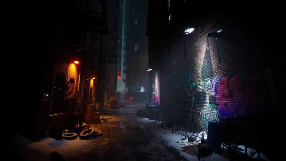 screenshot of  snowy, graffiti-tagged alleyway