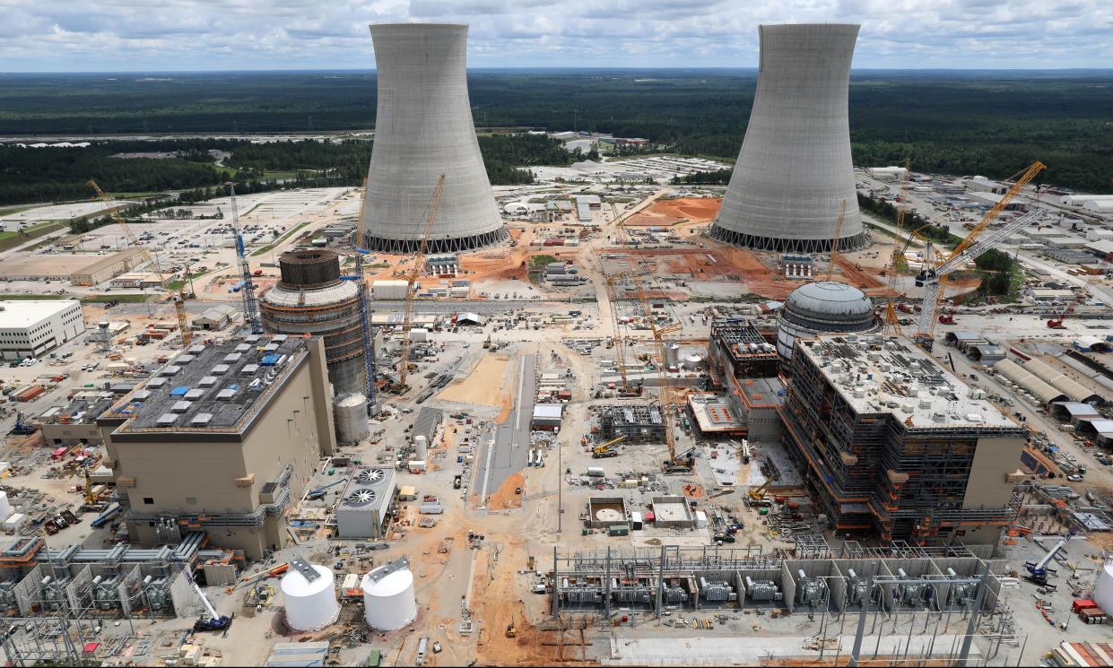 FILE: An aerial view shows the two new reactors under construction at Plant Vogtle. Unit 3 is on the left and unit 4 is on the right. The two units are finishing off the final tests and steps necessary before getting energy on the grid.