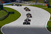 Drivers steer their cars at the start of the Formula One Styrian Grand Prix race on July 12, 2020 in Spielberg, Austria. (Photo by Joe Klamar / various sources / AFP) (Photo by JOE KLAMAR/AFP via Getty Images)