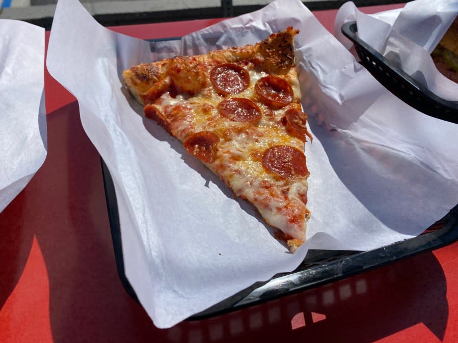 A slice of pepperoni pizza from the Skechers Food Spot in Gardena, California, is shown on Sept. 13, 2023. (KTLA)