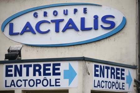 FILE PHOTO: The logo of Lactalis Group is seen at the entrance of the French dairy group Lactalis headquarters in Laval, western France, January 12, 2018. REUTERS/Stephane Mahe/File Photo